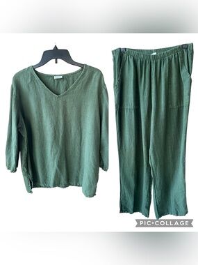 Match Point USA Sz M Olive Green Linen Set Top & Pull-on Pants